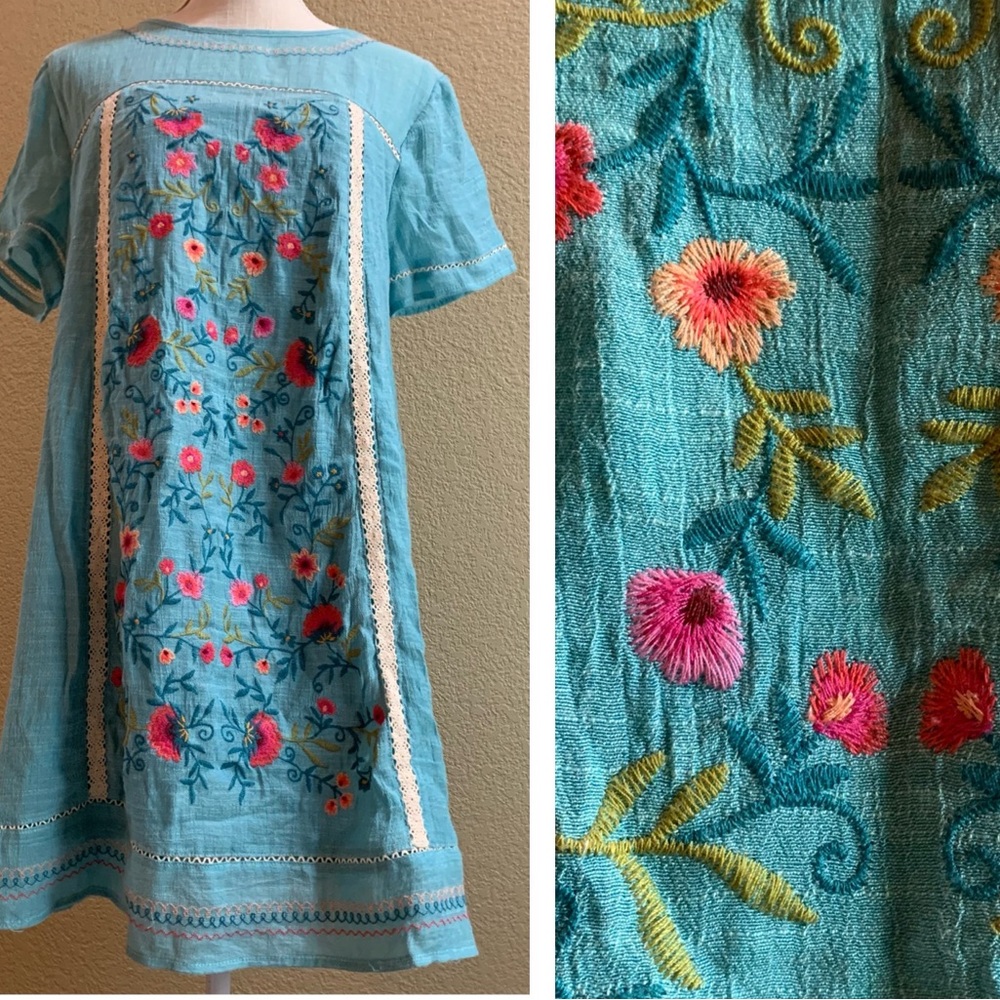 Umgee Floral Embroidered Short Sleeve Mini Dress Cottagecore